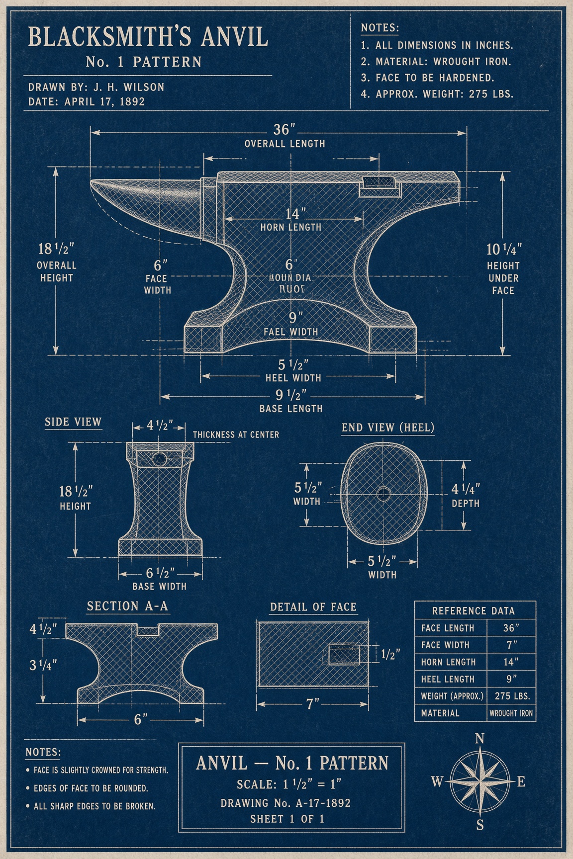 Blueprint of a blacksmith’s anvil, No. 1 pattern, drawn by J. H. Wilson, 17 April 1892.