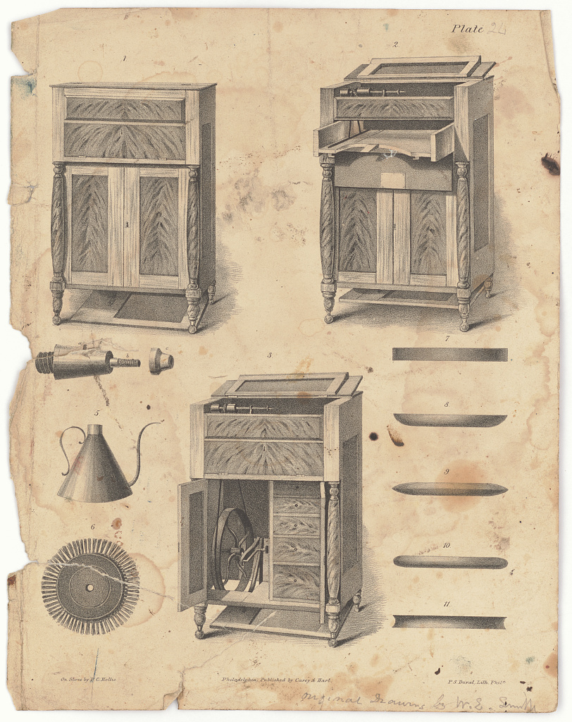 1844 lithograph of a cabinet lathe: closed case, open bed, and the flywheel and treadle inside the cupboard.