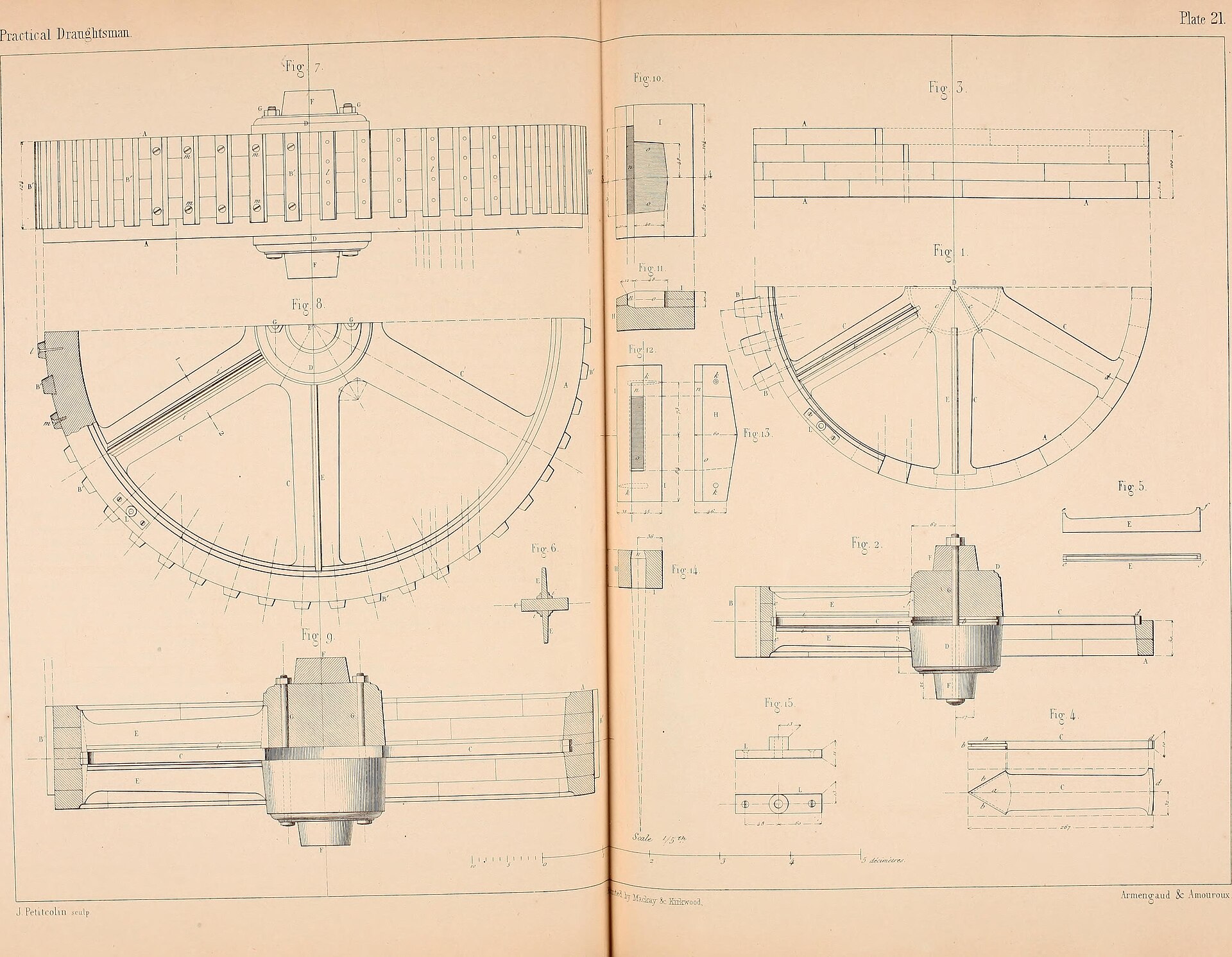 Armengaud Plate 21: orthographic views and sections of constructed gears and pulleys, with a scale of one-tenth.