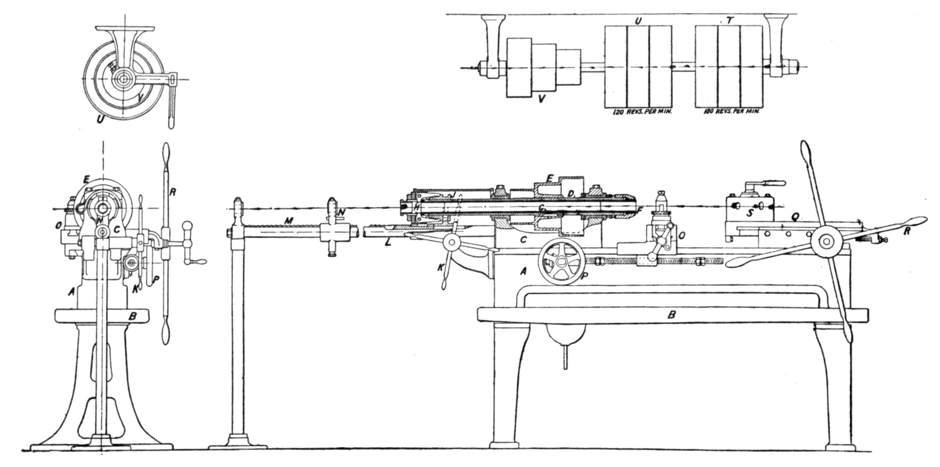 Engineering plate of a metalworking lathe in side and end elevation, with overhead cone pulleys marked in revolutions per minute.