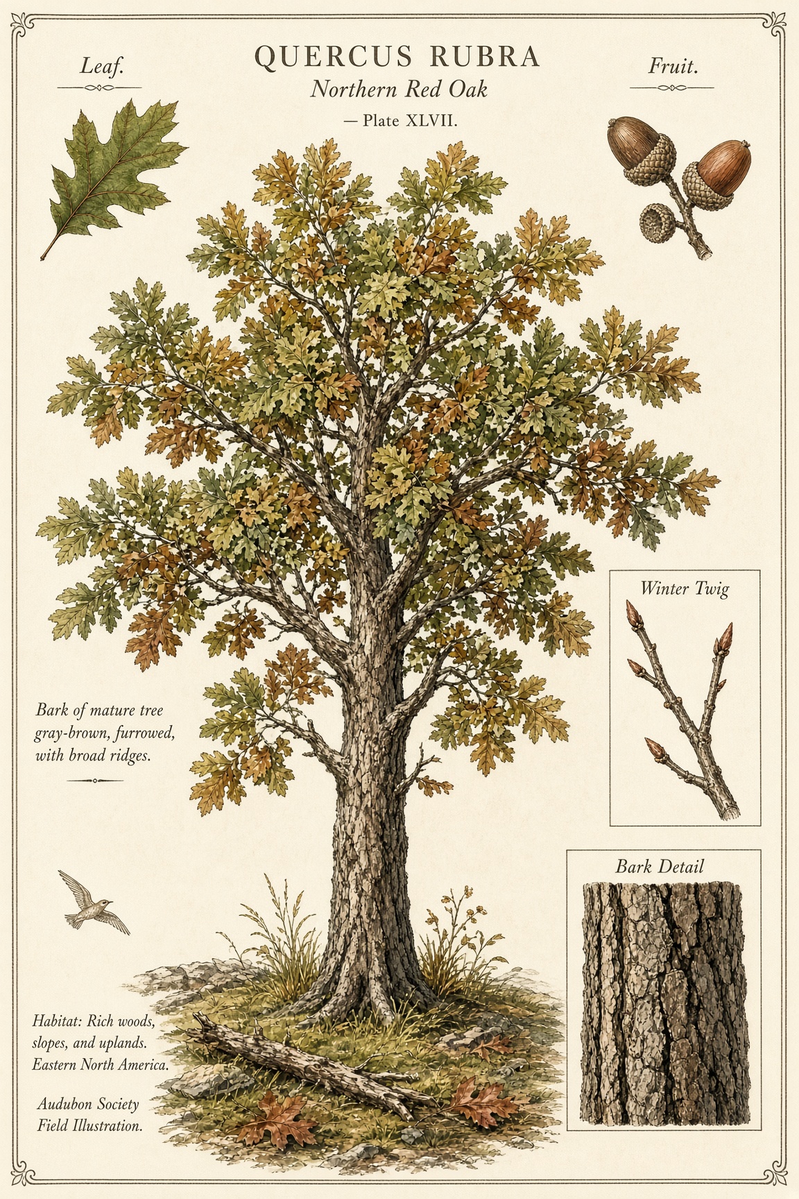Northern red oak, Quercus rubra, field plate: tree, leaf, acorns, winter twig, and bark.