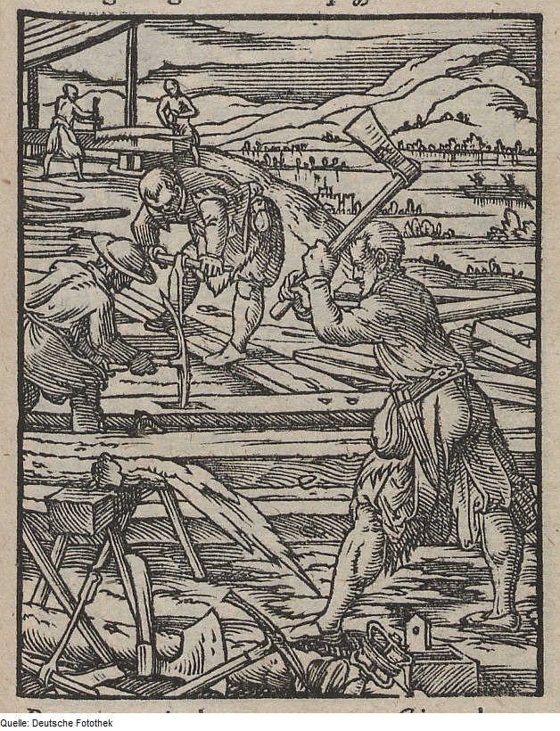 Sixteenth-century woodcut of carpenters hewing timber, boring, and working a two-man saw in an open yard.