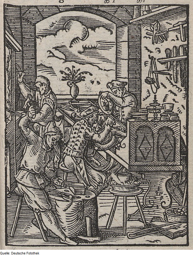 Sixteenth-century woodcut of a goldsmiths’ workshop, several men at benches with hammers, vessels, and hanging tools.